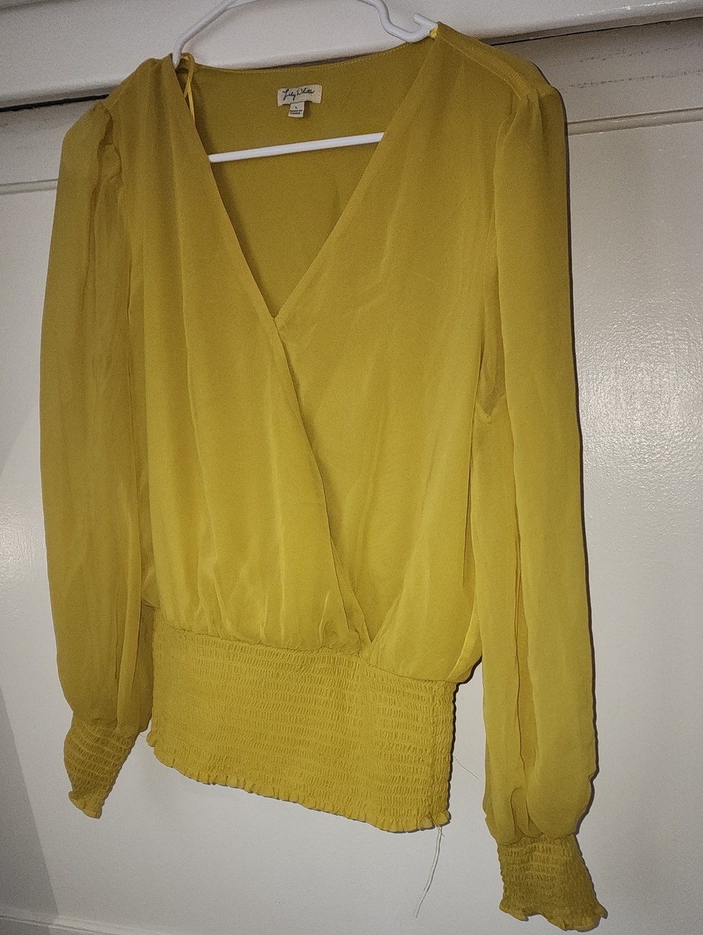 Lily White Mustard Yellow Surplice Smocked-Hem Blouse